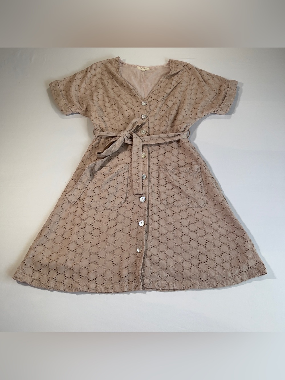 Eyelet Button-Front Belted Dress in Taupe